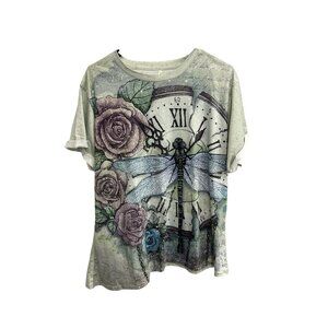 Vintage Inspired Dragonfly Floral Print Short Sleeved Tee Shirt SZ XXL